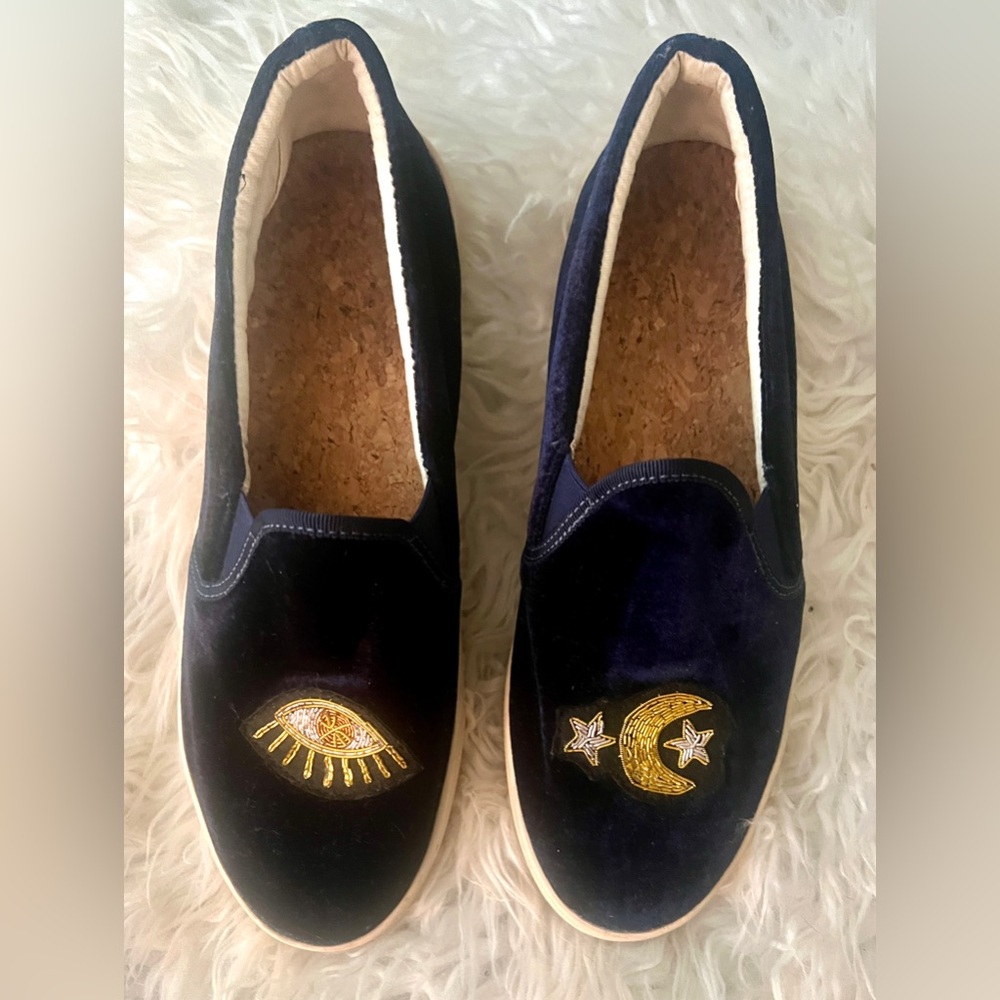 SOLUDOS MOON AND EVIL EYE BLUE VELVET Slip-Ons! Sz 10! So Freakin’ Comfortable!